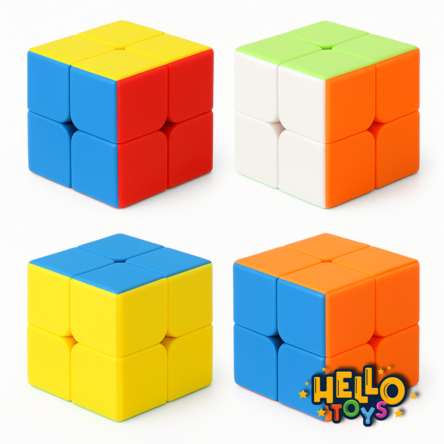 Four Rubik's Cube puzzles in different colors with 'Hello Toys' branding.