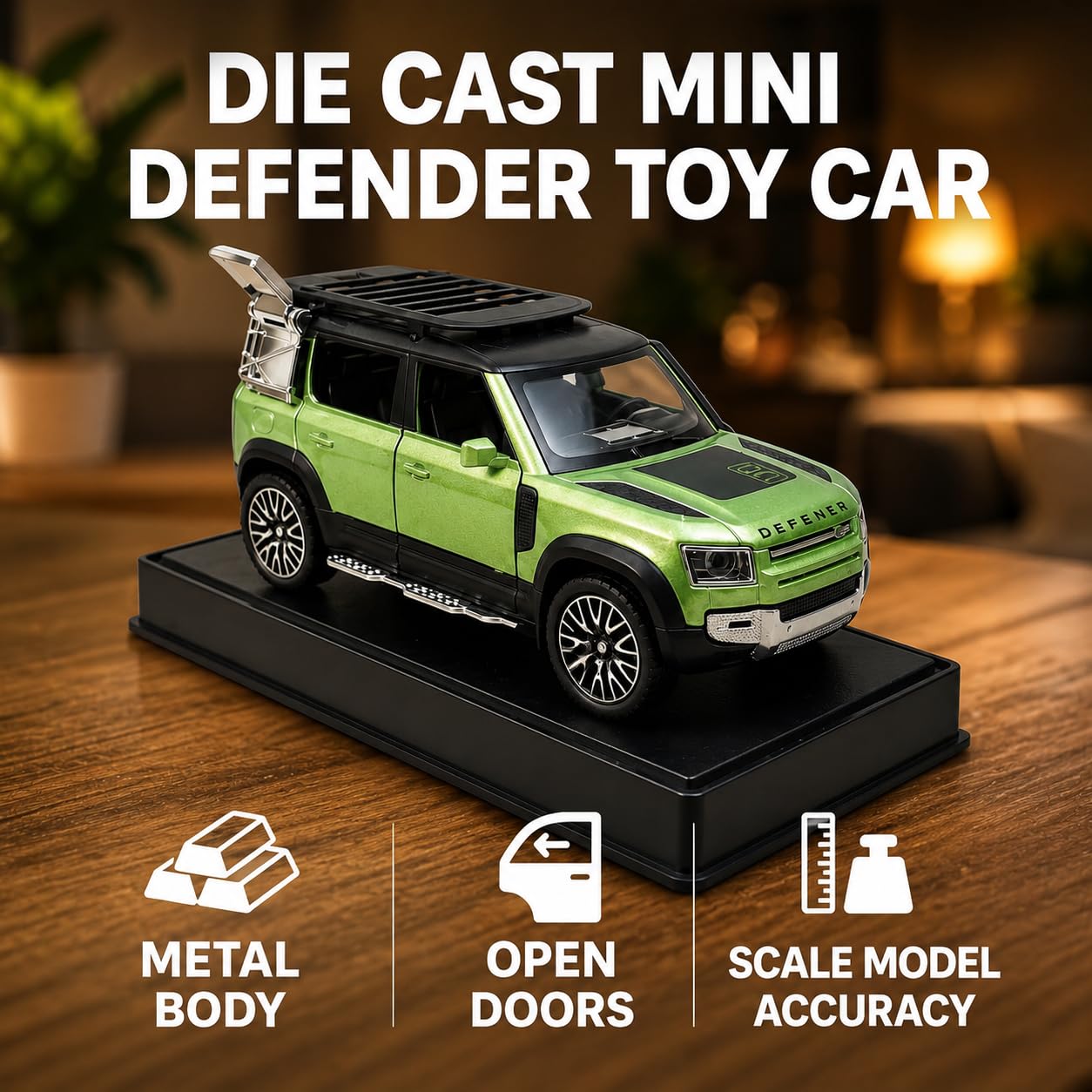 1:32 Diecast Defender SUV Model Car Openable Hood, Doors & Boot, Green