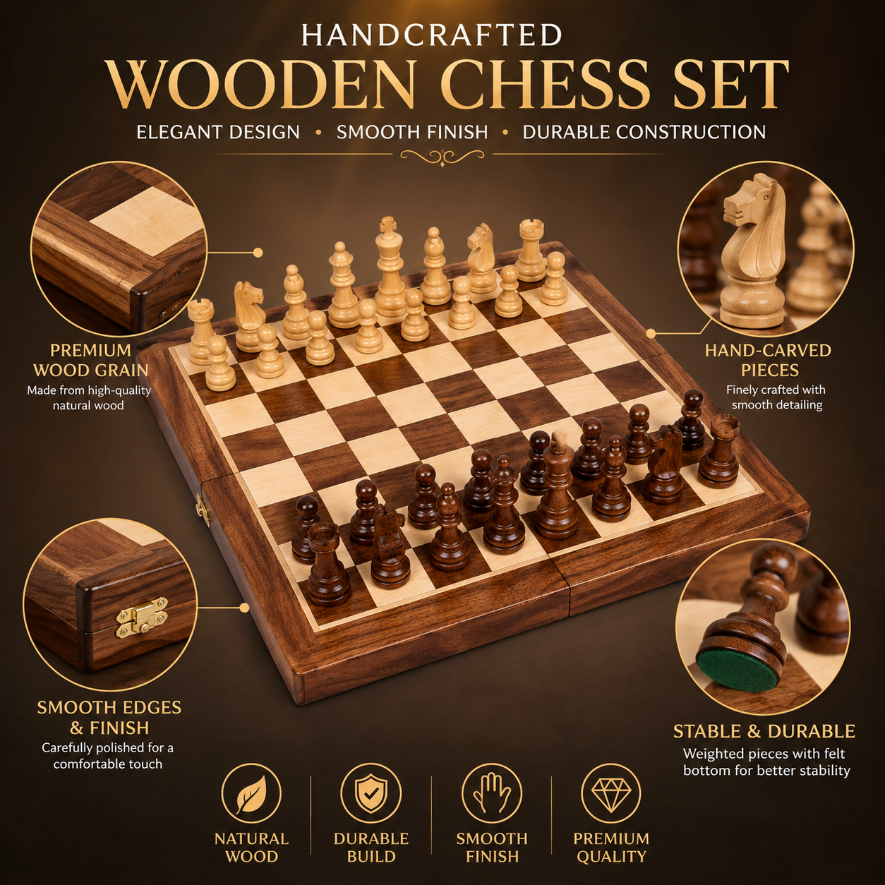 Premium Wooden Foldable Chess Set with Storage Box | 25 x 25 cm Chess Board