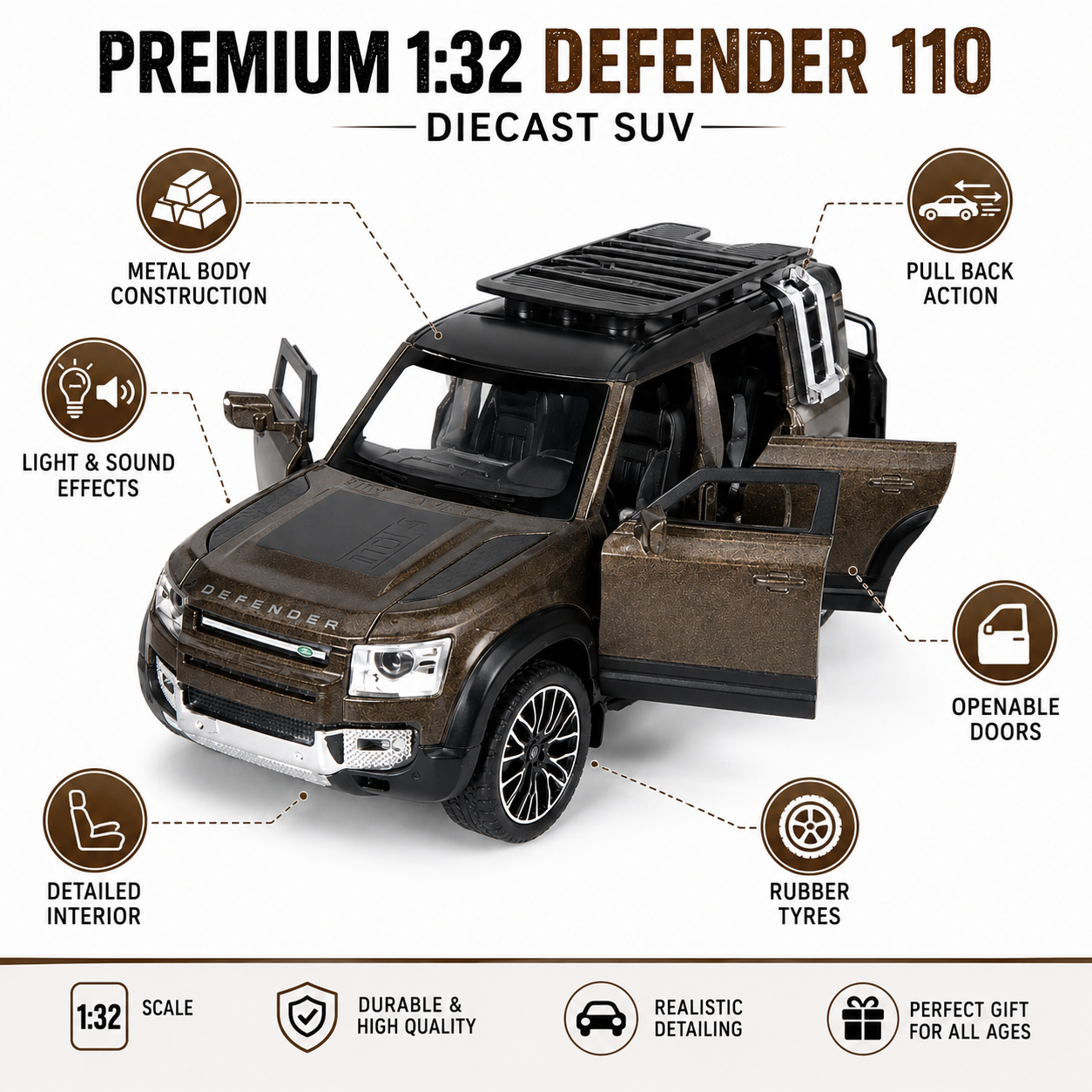 1:32 Diecast Defender SUV Model Car Openable Hood, Doors & Boot, Brown