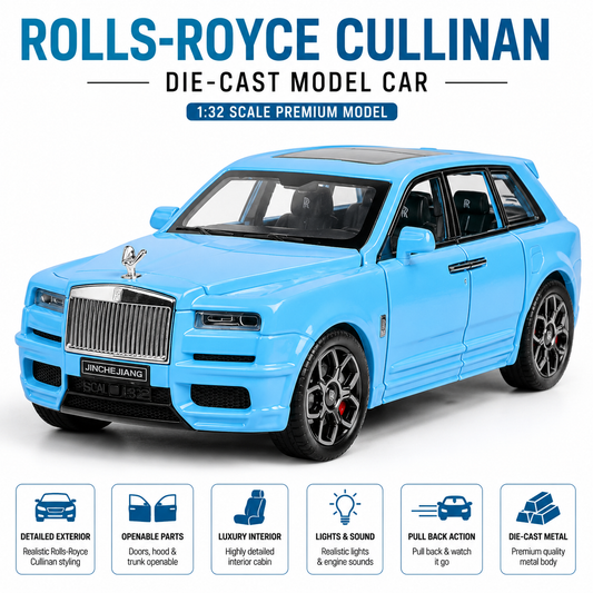 Hello Toys 1:32 Cullinan Die Cast Model Car for Kids, Pull Back Toy Car with Light & Sound, Openable Doors, Hood & Trunk, Metal Collectible SUV, Sky Blue