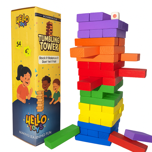 Colorful wooden blocks tower with Hello Toys packaging on a white background