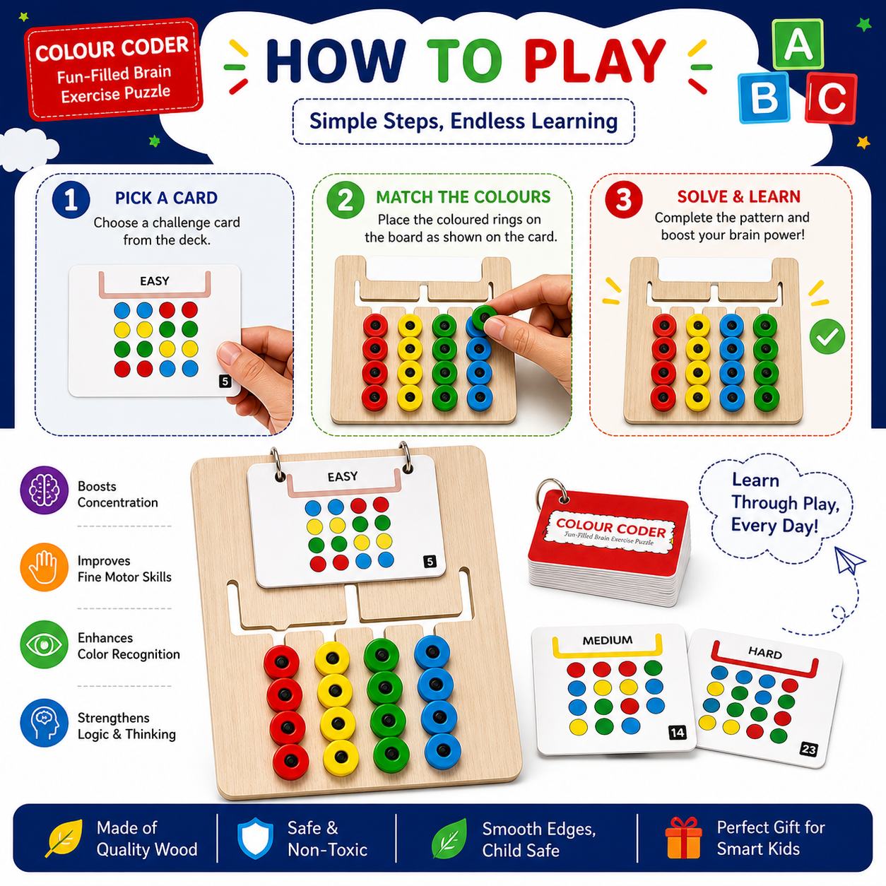 Hello Toys Colour Coder Wooden Puzzle for Kids | Brain Development & Pattern Matching Game | Montessori Learning Toy | Improves Focus, Logic & Color Recognition | Multiple Levels | Age 3+