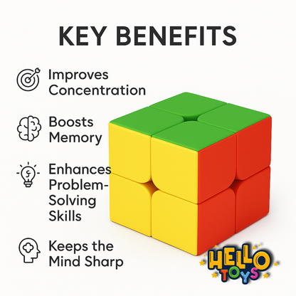 Colorful Rubik's Cube with key benefits listed on a white background, featuring the Hello Toys logo.