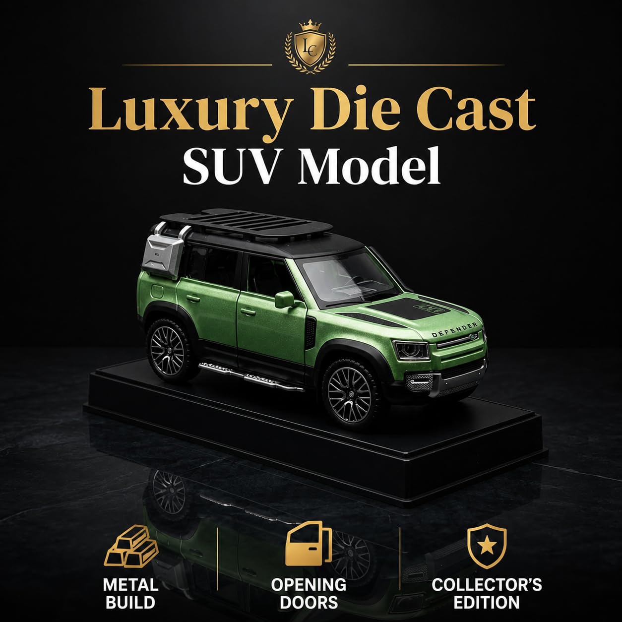 1:32 Diecast Defender SUV Model Car Openable Hood, Doors & Boot, Green