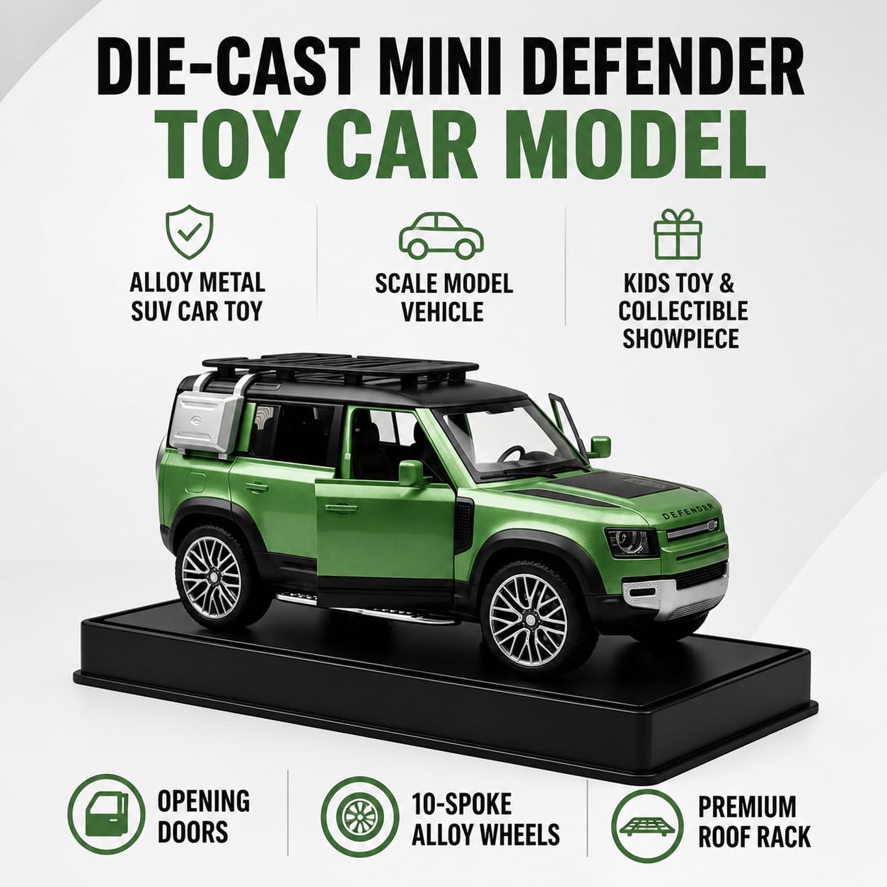 1:32 Diecast Defender SUV Model Car Openable Hood, Doors & Boot, Green