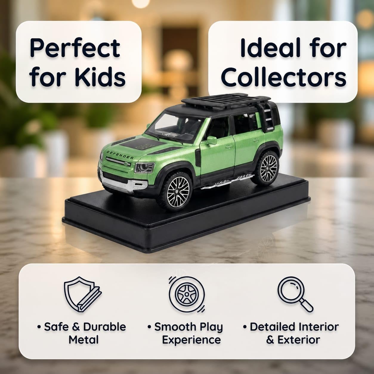 1:32 Diecast Defender SUV Model Car Openable Hood, Doors & Boot, Green