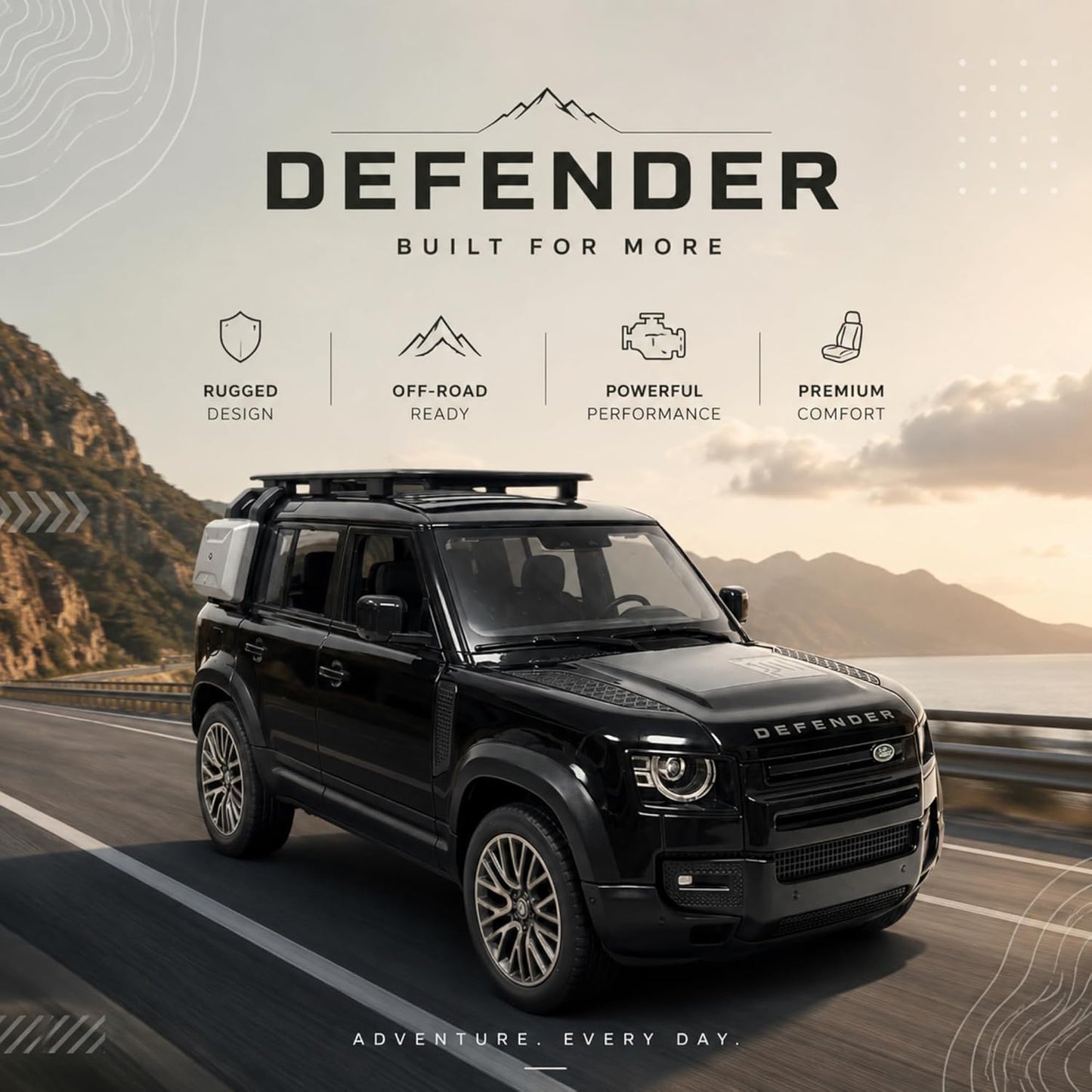 1:32 Diecast Defender SUV Model Car Openable Hood, Doors & Boot, Black