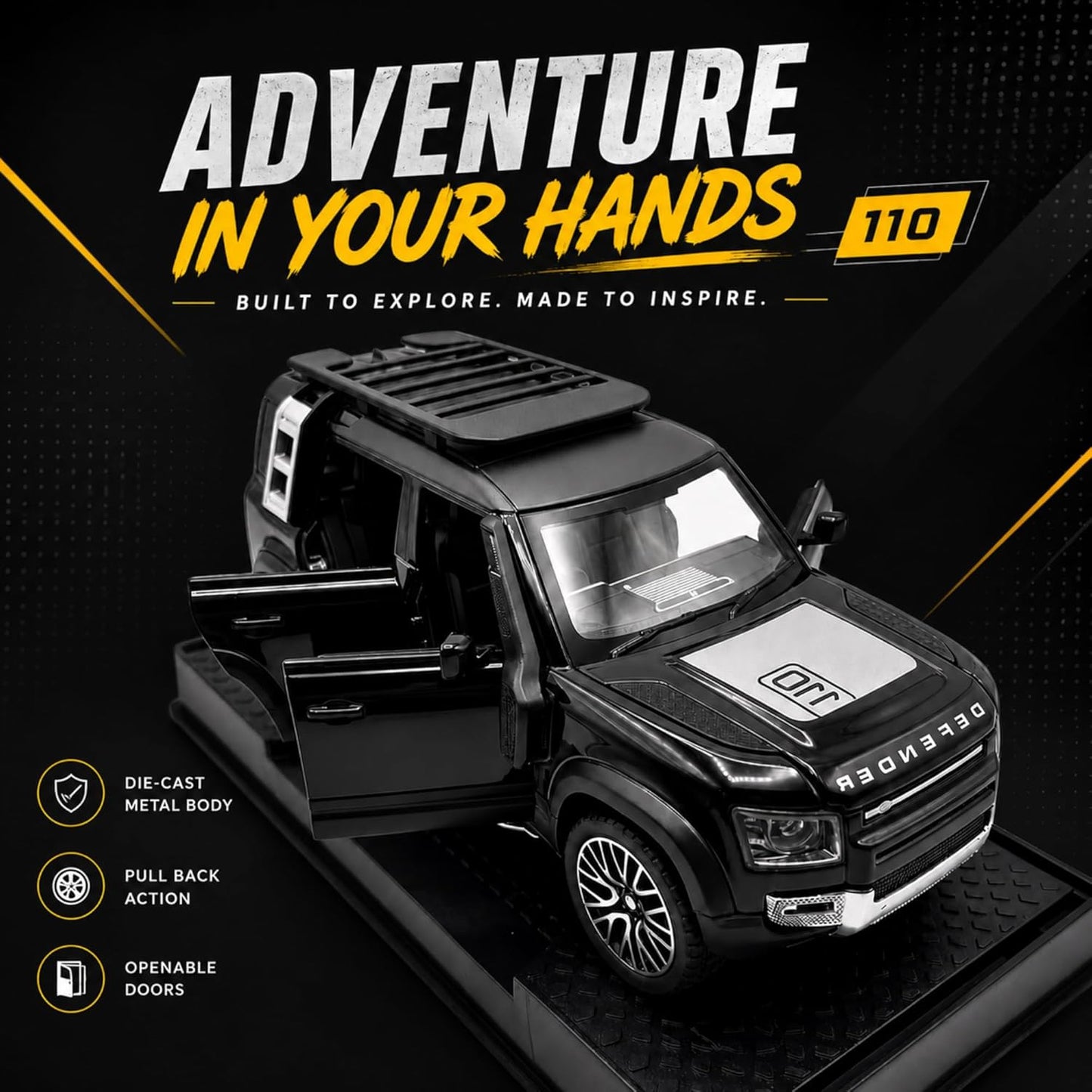 1:32 Diecast Defender SUV Model Car Openable Hood, Doors & Boot, Black