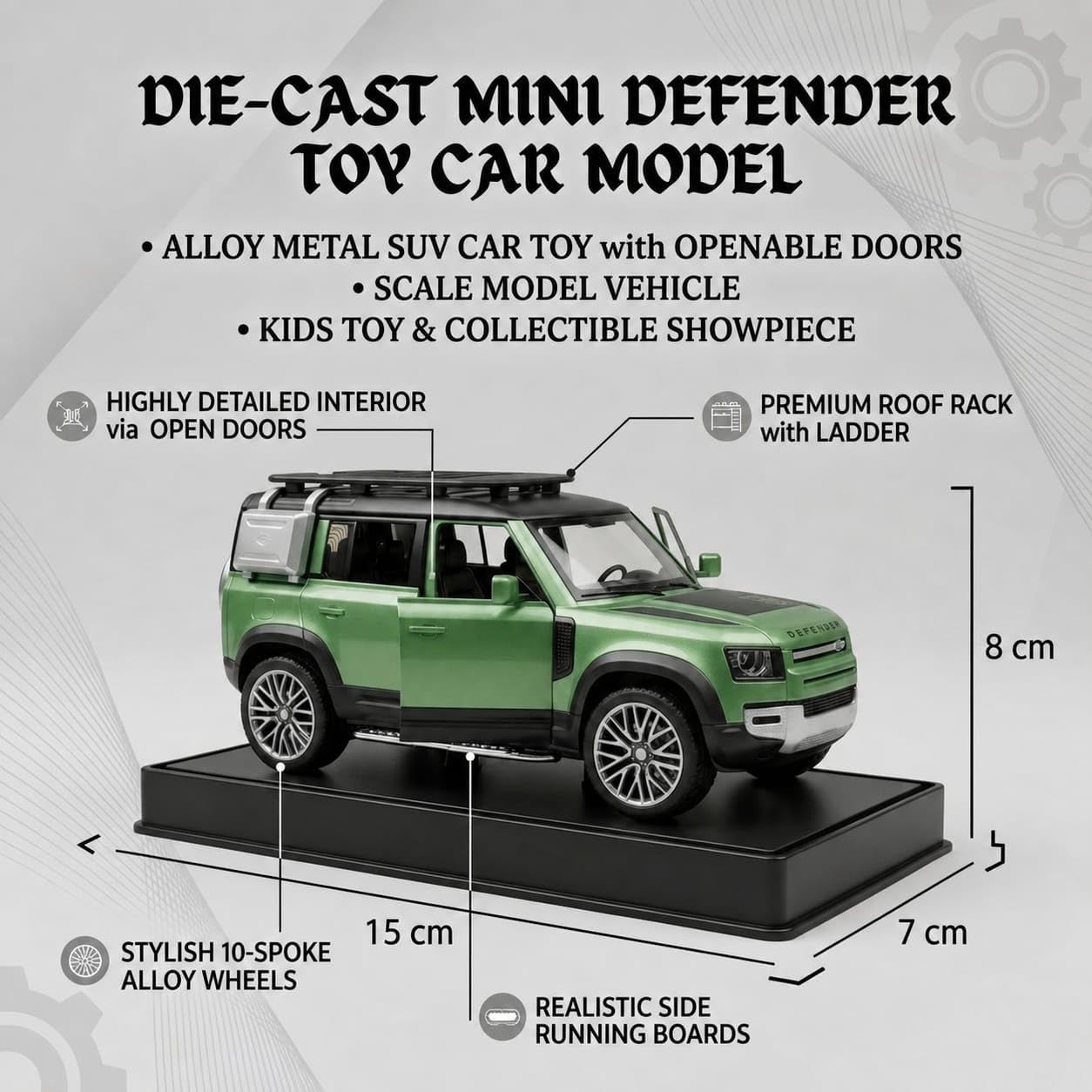 1:32 Diecast Defender SUV Model Car Openable Hood, Doors & Boot, Green