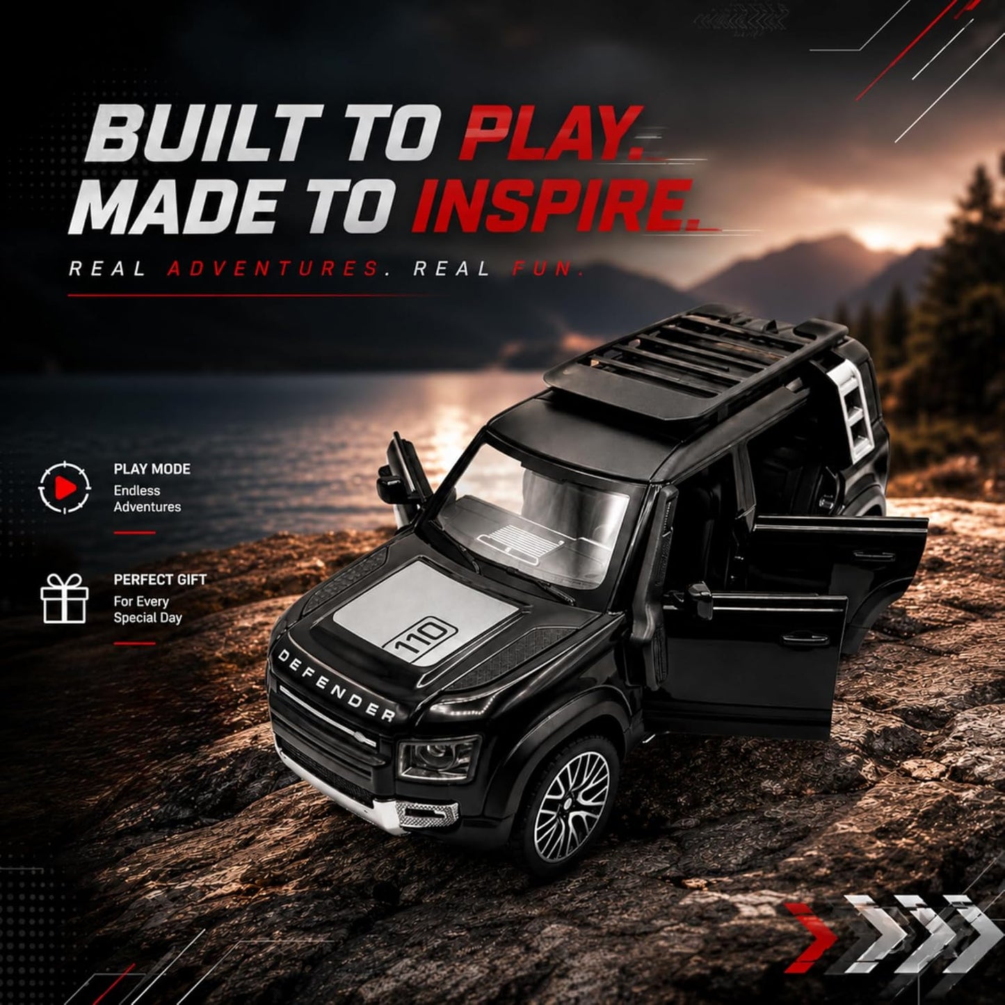 1:32 Diecast Defender SUV Model Car Openable Hood, Doors & Boot, Black