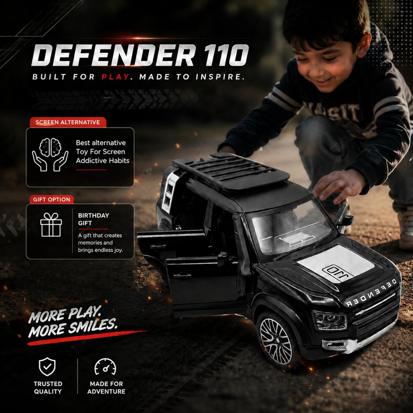 1:32 Diecast Defender SUV Model Car Openable Hood, Doors & Boot, Black