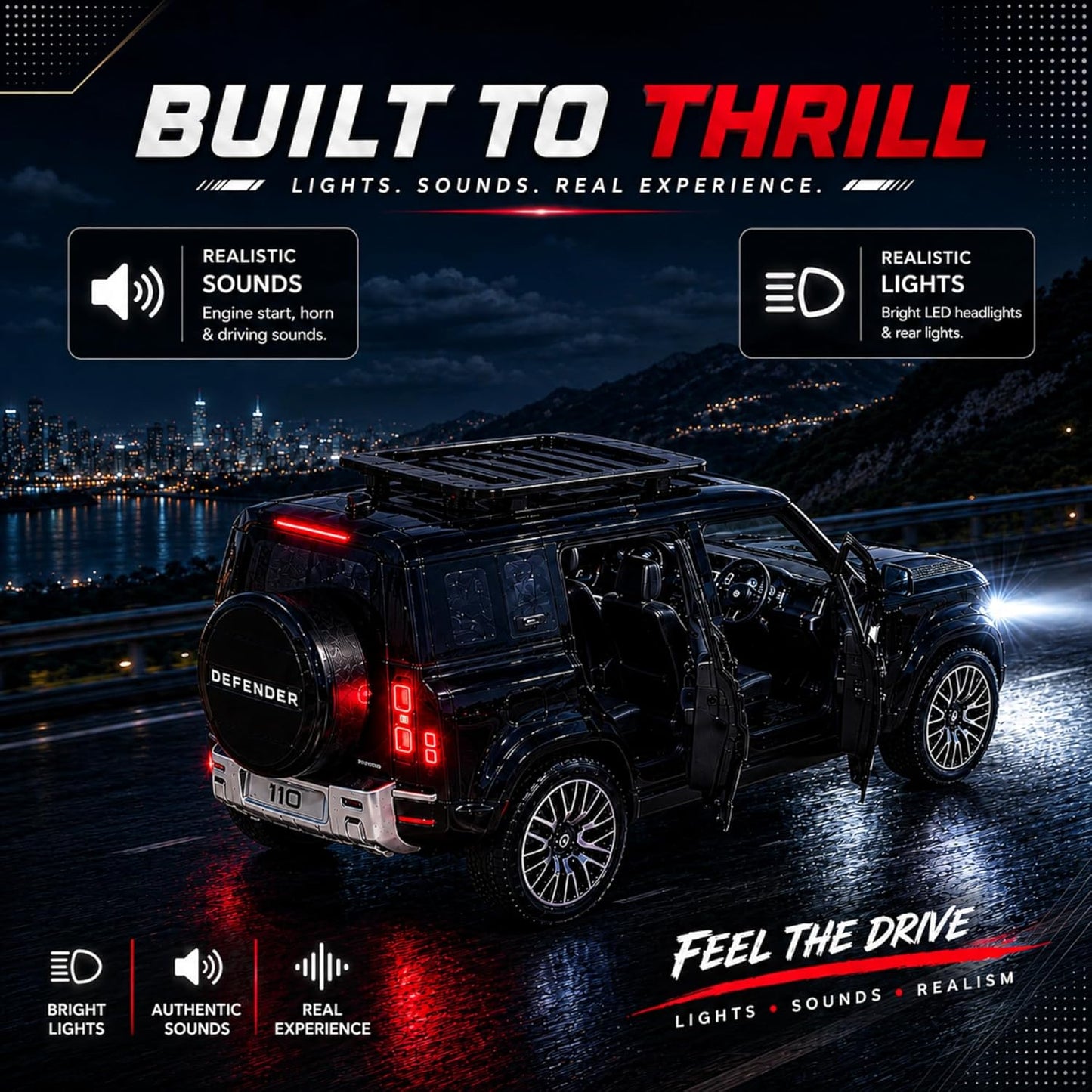 1:32 Diecast Defender SUV Model Car Openable Hood, Doors & Boot, Black