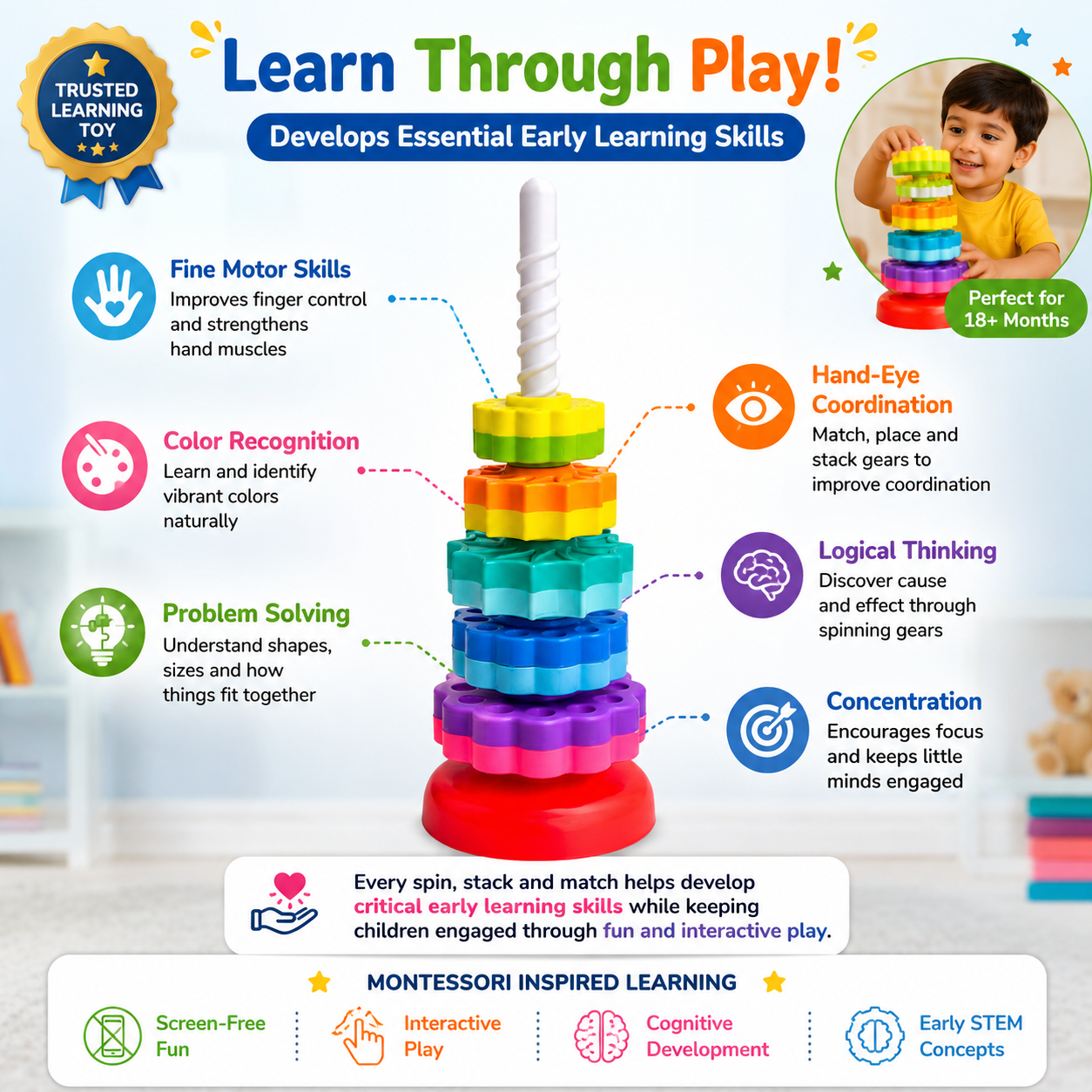 Montessori Gear Toy for Toddlers – Rotating Stacking Learning Toy (18+ Months)