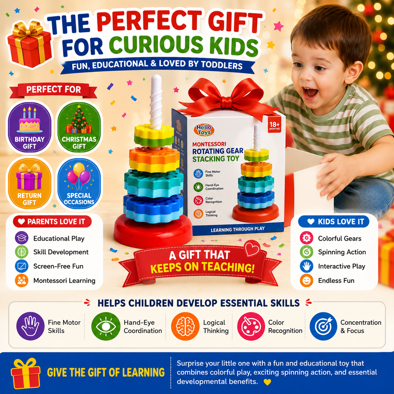 Montessori Gear Toy for Toddlers – Rotating Stacking Learning Toy (18+ Months)