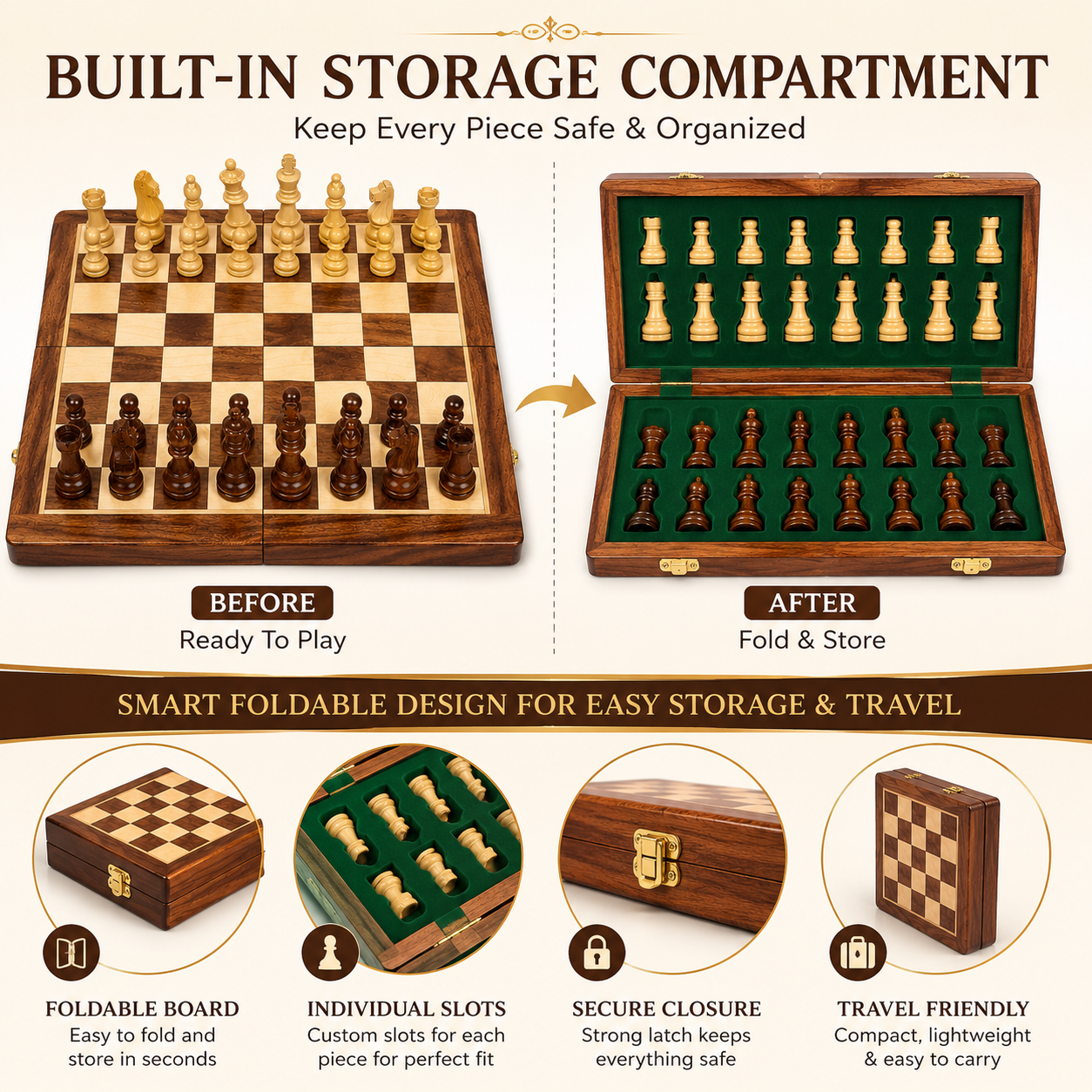 Premium Wooden Foldable Chess Set with Storage Box | 25 x 25 cm Chess Board