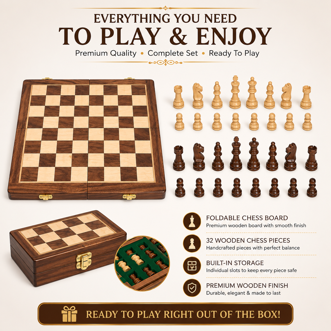 Premium Wooden Foldable Chess Set with Storage Box | 25 x 25 cm Chess Board