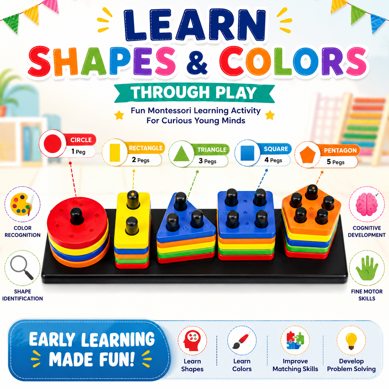 Montessori Shape Sorting Peg Board Learning Toy for Kids | Shapes, Colors & Counting Educational Toy