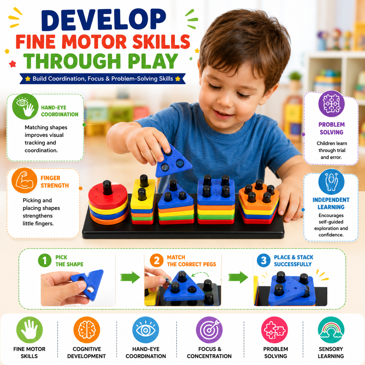 Montessori Shape Sorting Peg Board Learning Toy for Kids | Shapes, Colors & Counting Educational Toy