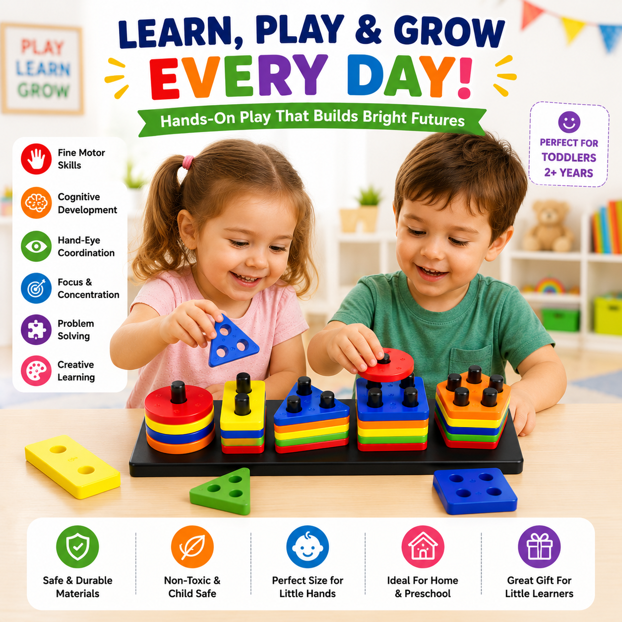 Montessori Shape Sorting Peg Board Learning Toy for Kids | Shapes, Colors & Counting Educational Toy
