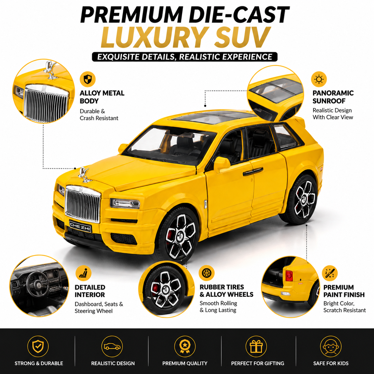 Hello Toys 1:32 Cullinan Die-Cast Toy Car – Pull Back, Lights & Sound, Openable Doors (Yellow)