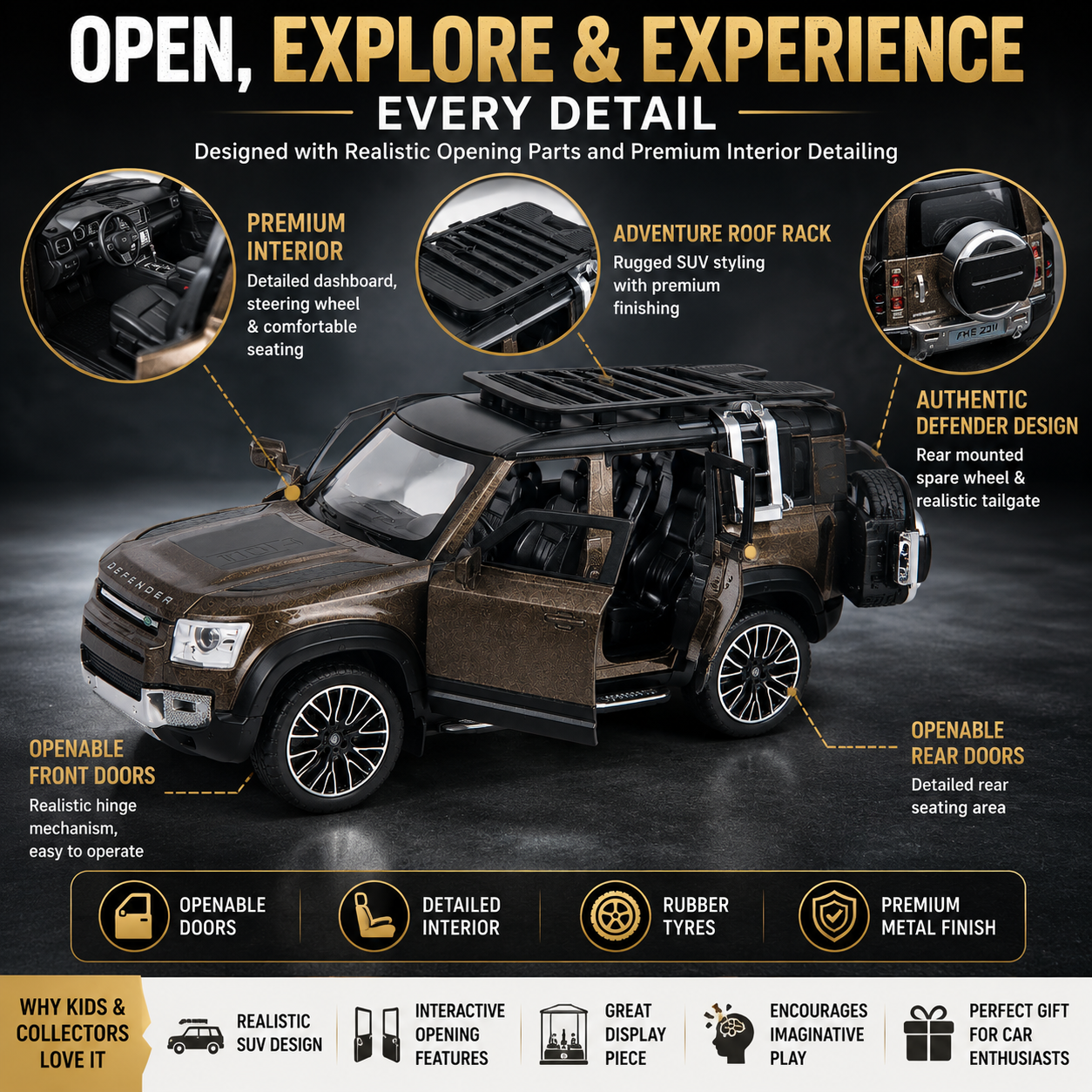 1:32 Diecast Defender SUV Model Car Openable Hood, Doors & Boot, Brown