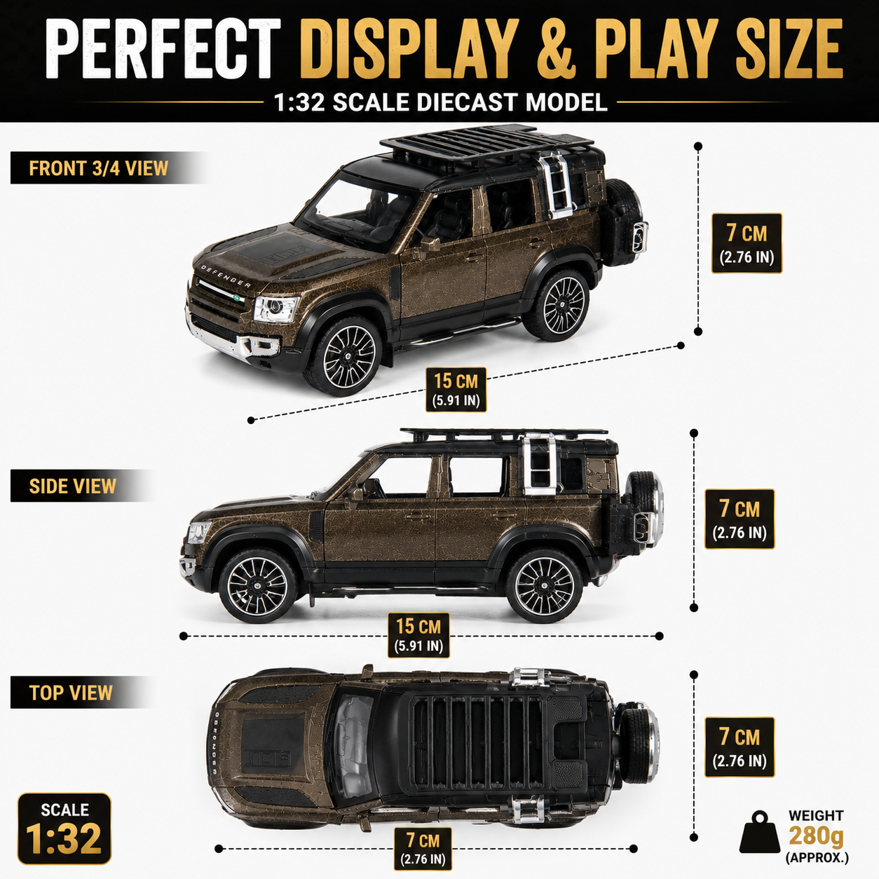 1:32 Diecast Defender SUV Model Car Openable Hood, Doors & Boot, Brown
