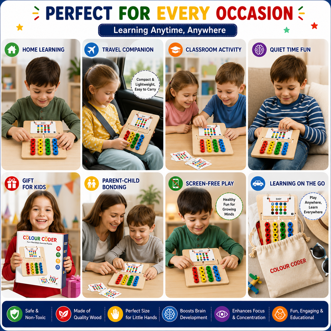 Hello Toys Colour Coder Wooden Puzzle for Kids | Brain Development & Pattern Matching Game | Montessori Learning Toy | Improves Focus, Logic & Color Recognition | Multiple Levels | Age 3+