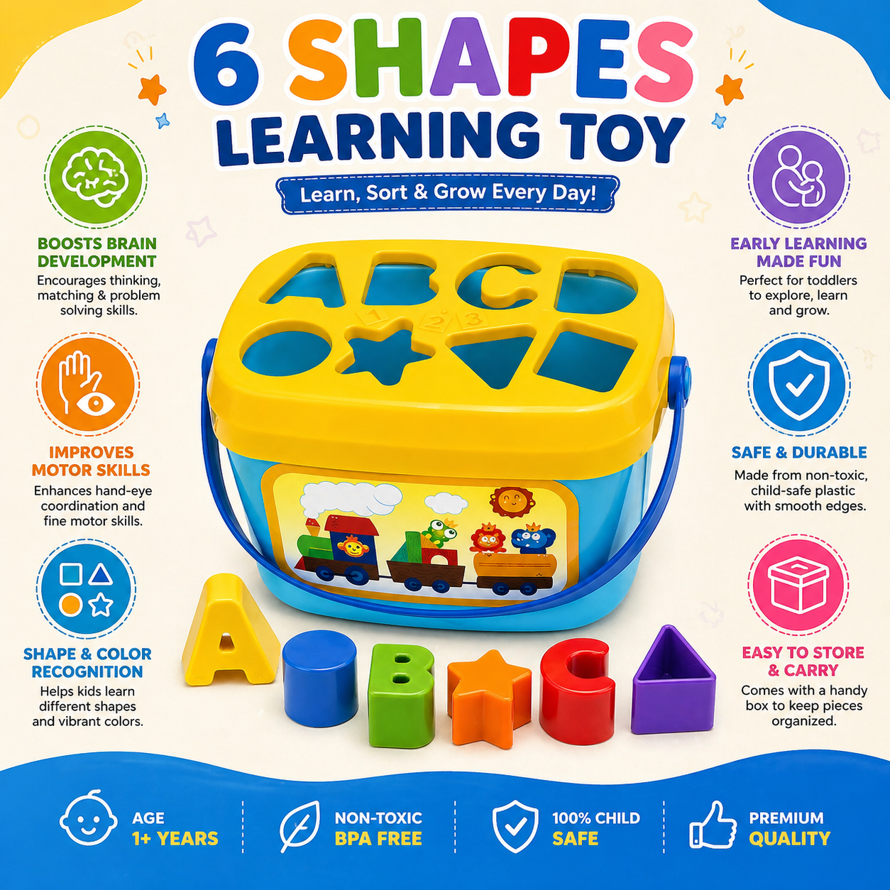 Hello Toys Shape Sorting Learning Toy for Kids | Educational Montessori Shape Sorter | Color & Shape Recognition Toy | Fine Motor Skill Development | Age 3+