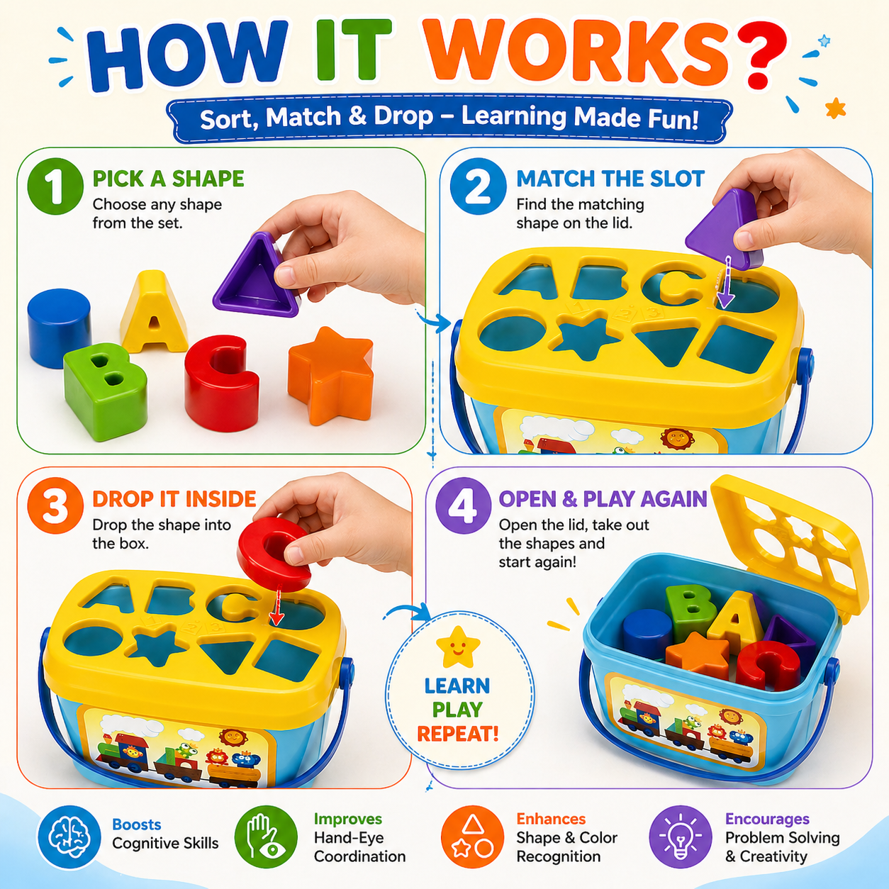 Hello Toys Shape Sorting Learning Toy for Kids | Educational Montessori Shape Sorter | Color & Shape Recognition Toy | Fine Motor Skill Development | Age 3+