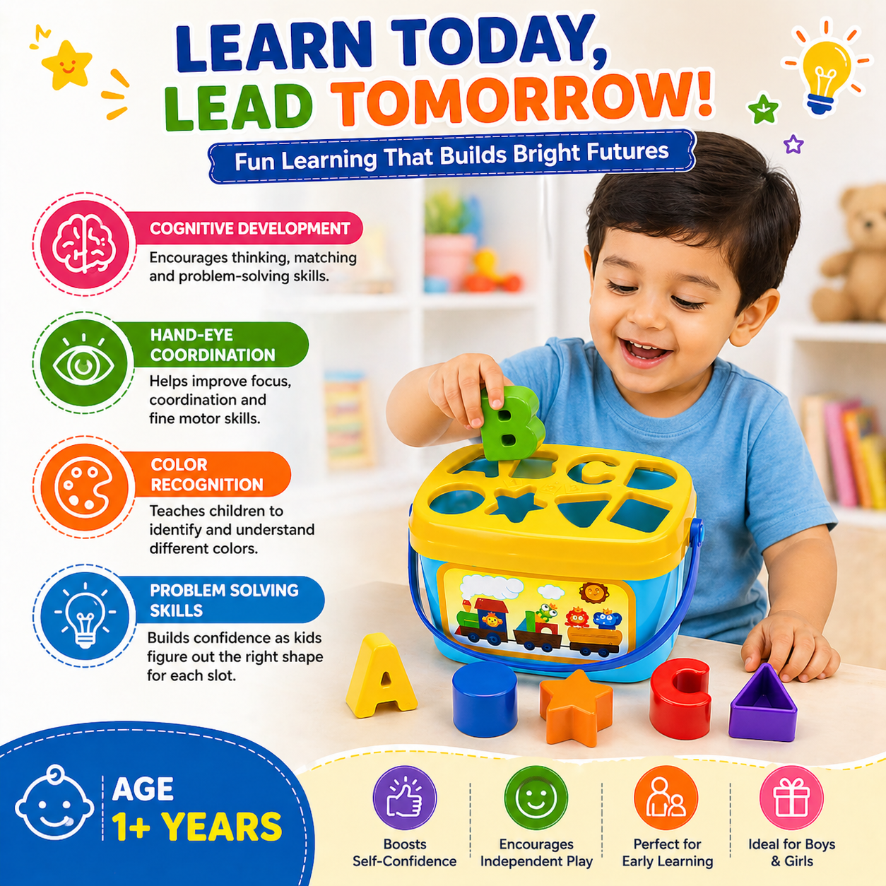Hello Toys Shape Sorting Learning Toy for Kids | Educational Montessori Shape Sorter | Color & Shape Recognition Toy | Fine Motor Skill Development | Age 3+