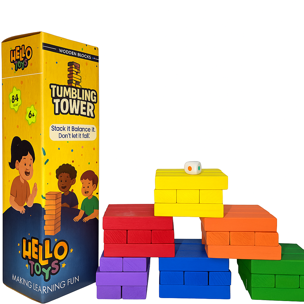 Color Wooden Tumbling Tower Game 54 Pcs with 1 Dice for Playing & Gifting