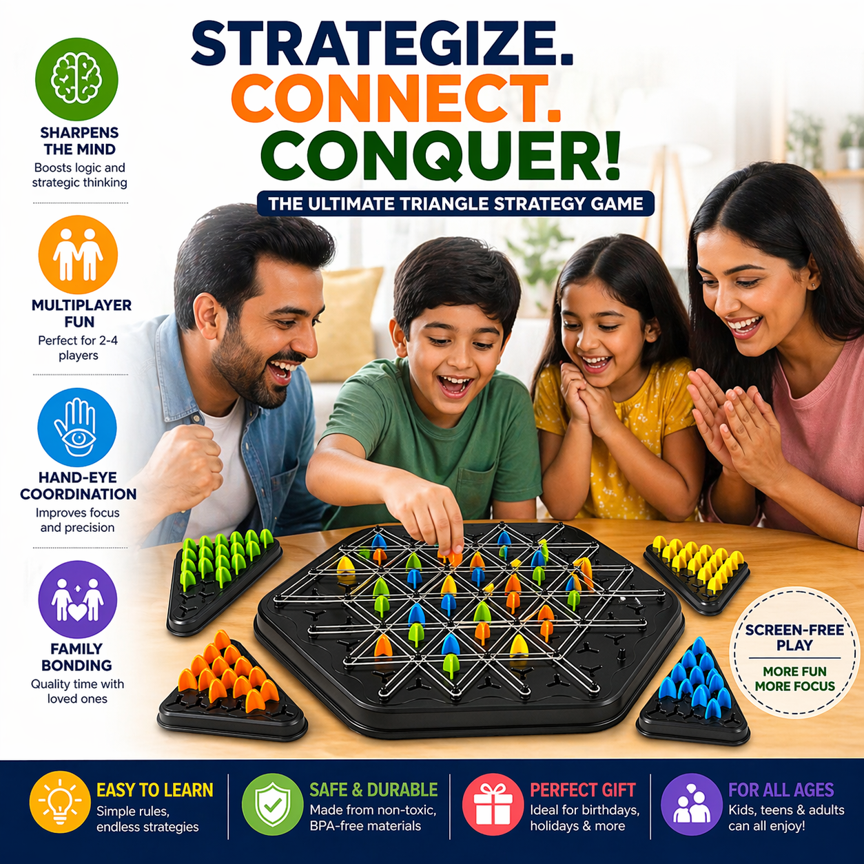 Triangle Strategy Board Game | Brain Boosting Puzzle Game for Kids & Adults (2–4 Players)