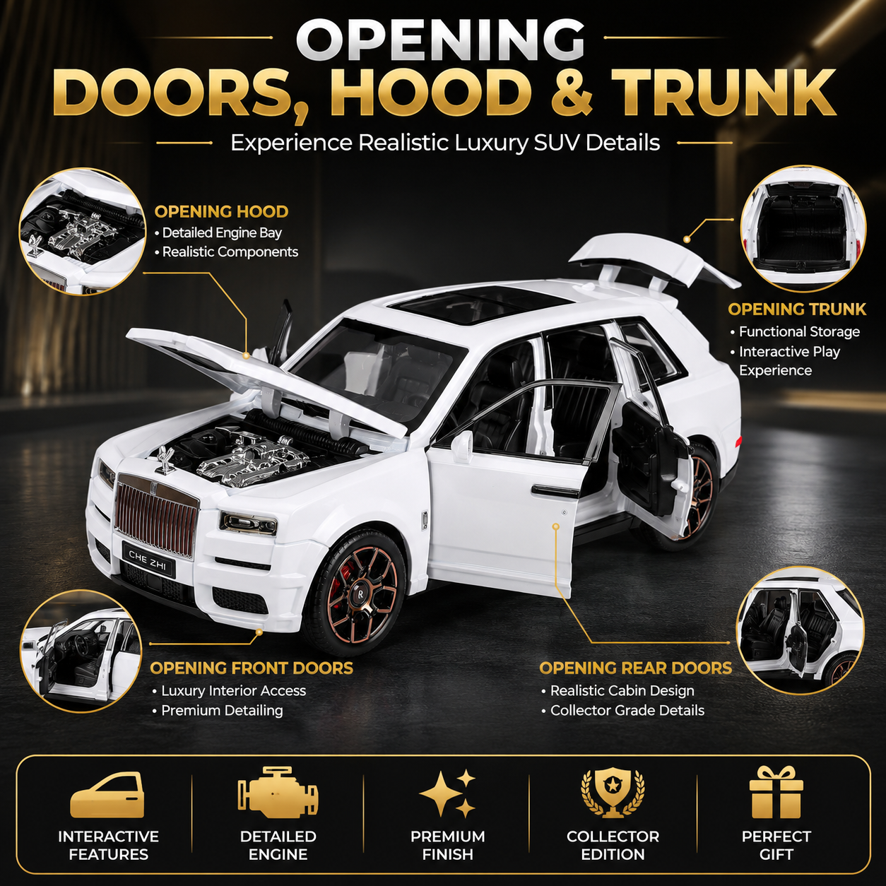 Hello Toys 1:32 Cullinan Die Cast Model Car for Kids, Pull Back Toy Car with Light & Sound, Openable Doors, Hood & Trunk, Metal Collectible SUV, White