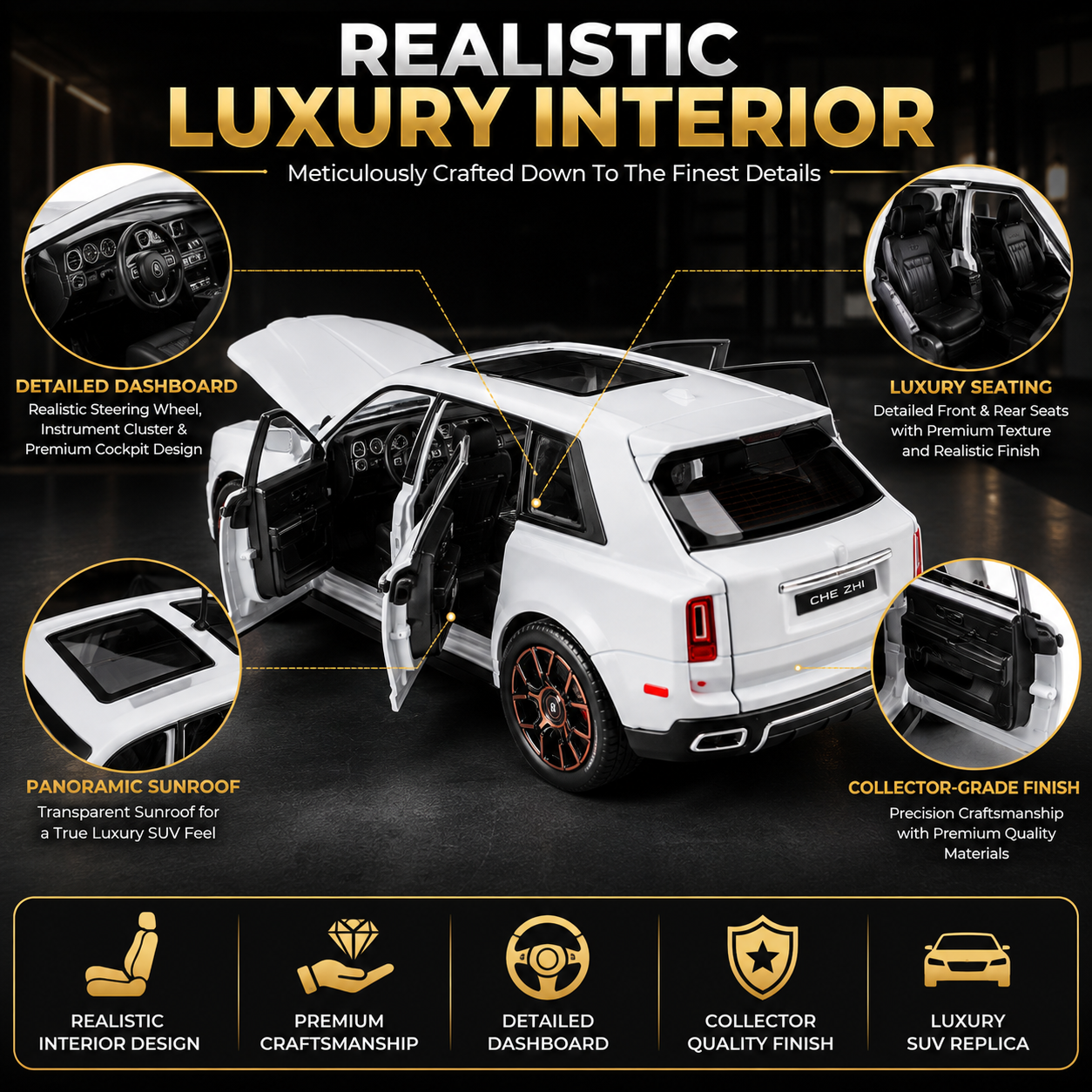 Hello Toys 1:32 Cullinan Die Cast Model Car for Kids, Pull Back Toy Car with Light & Sound, Openable Doors, Hood & Trunk, Metal Collectible SUV, White