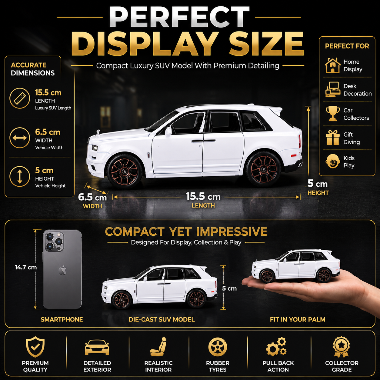 Hello Toys 1:32 Cullinan Die Cast Model Car for Kids, Pull Back Toy Car with Light & Sound, Openable Doors, Hood & Trunk, Metal Collectible SUV, White