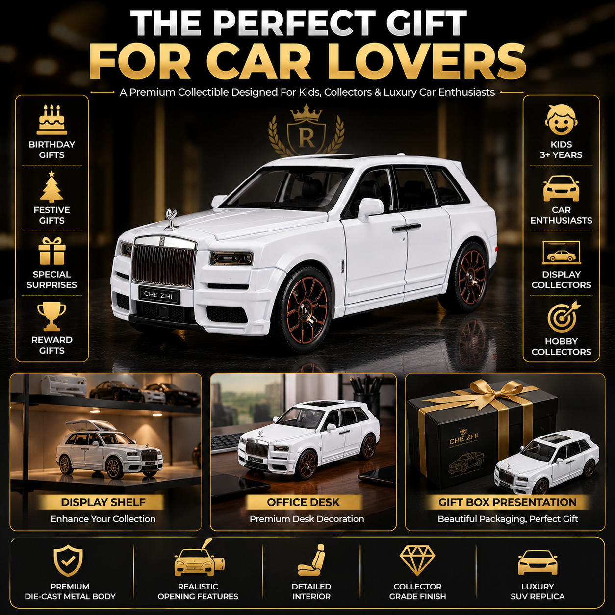 Hello Toys 1:32 Cullinan Die Cast Model Car for Kids, Pull Back Toy Car with Light & Sound, Openable Doors, Hood & Trunk, Metal Collectible SUV, White