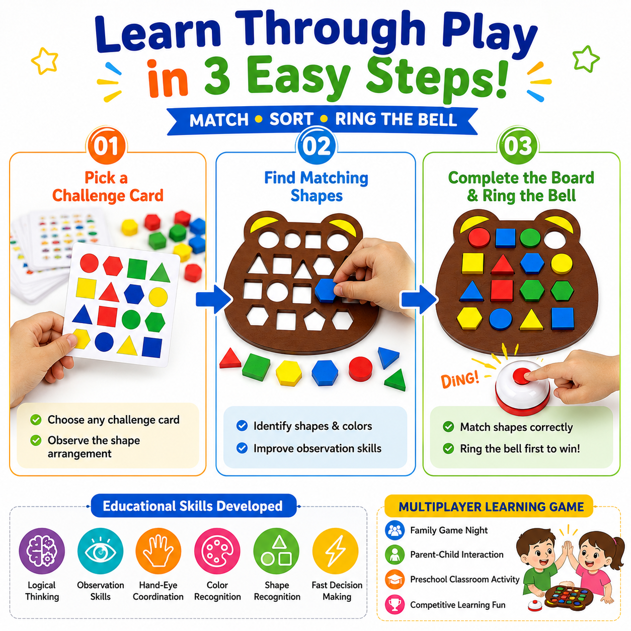 Montessori Shape Matching Board Game for Kids | Educational Learning Toy with Bell & Challenge Cards