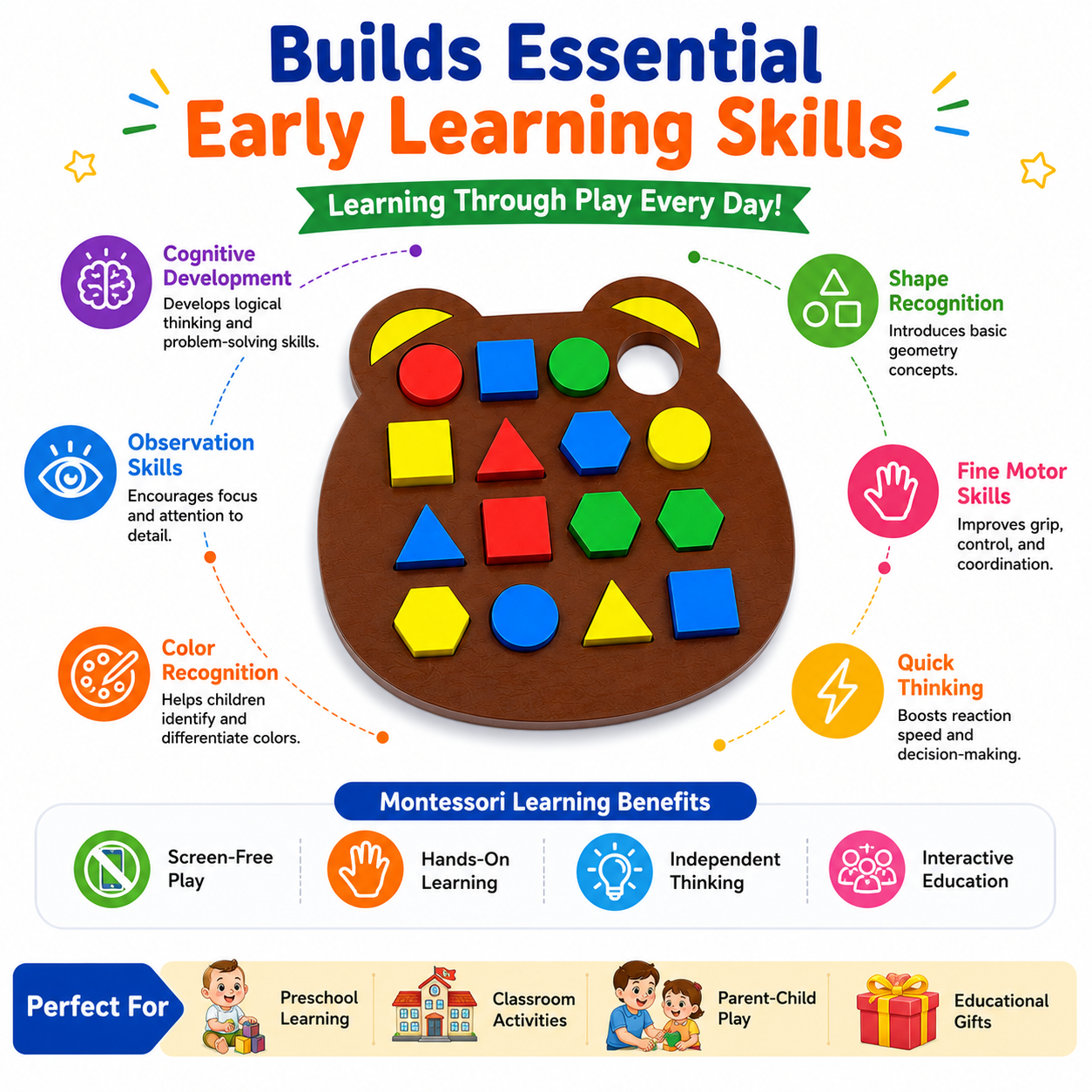 Montessori Shape Matching Board Game for Kids | Educational Learning Toy with Bell & Challenge Cards