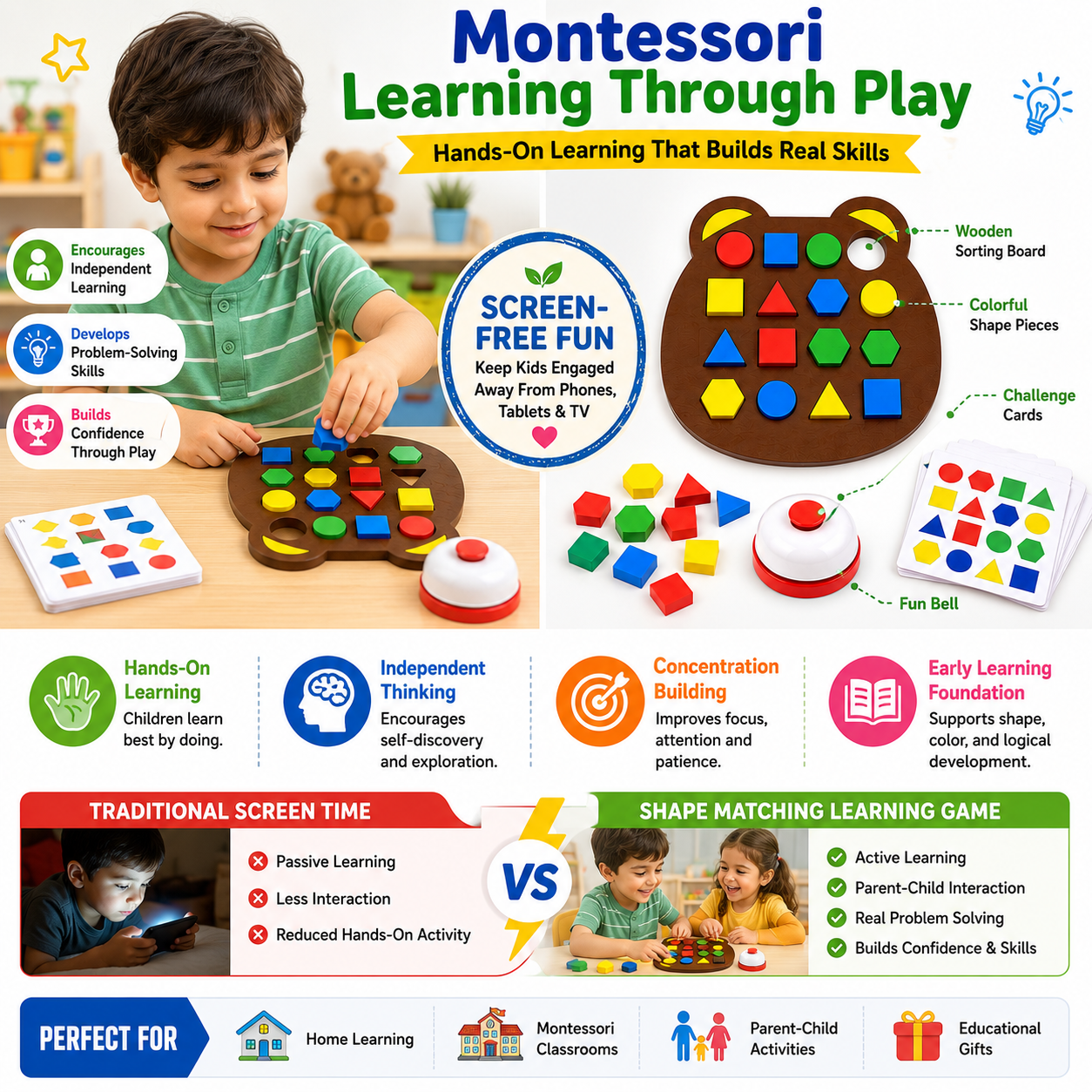 Montessori Shape Matching Board Game for Kids | Educational Learning Toy with Bell & Challenge Cards
