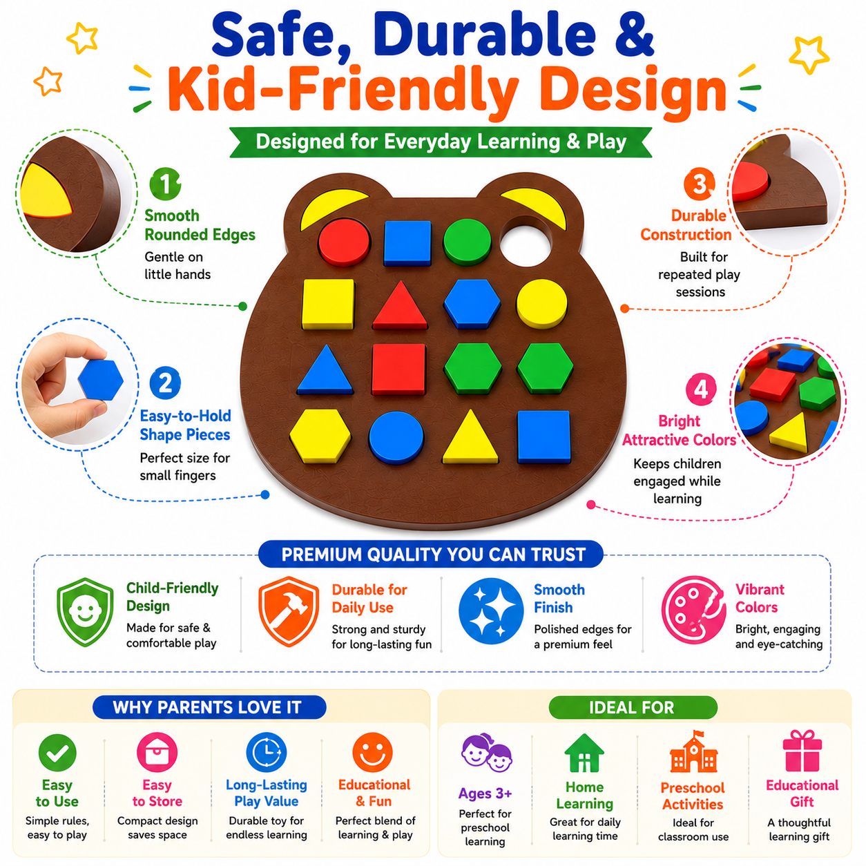 Montessori Shape Matching Board Game for Kids | Educational Learning Toy with Bell & Challenge Cards