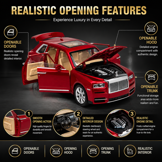 Hello Toys 1:32 Cullinan Die Cast Model Car for Kids, Pull Back Toy Car with Light & Sound, Openable Doors, Hood & Trunk, Metal Collectible SUV, Red