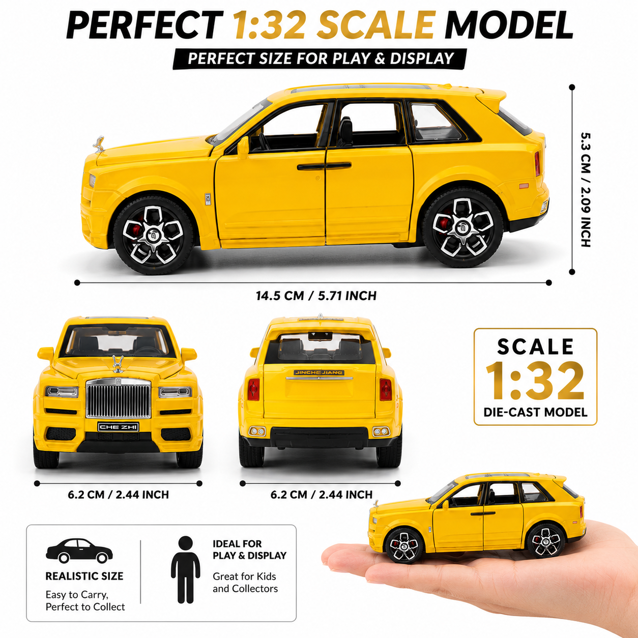 Hello Toys 1:32 Cullinan Die-Cast Toy Car – Pull Back, Lights & Sound, Openable Doors (Yellow)