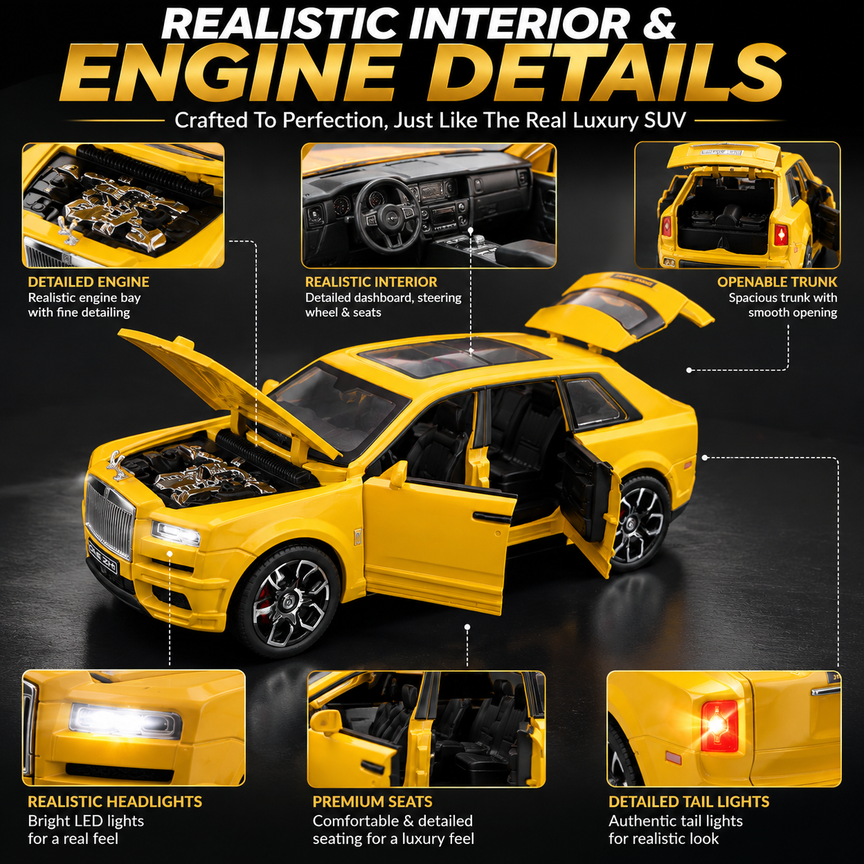 Hello Toys 1:32 Cullinan Die-Cast Toy Car – Pull Back, Lights & Sound, Openable Doors (Yellow)