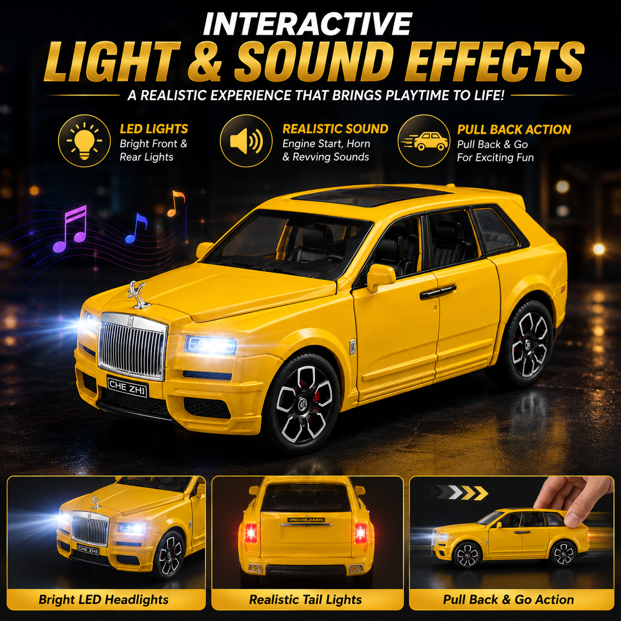 Hello Toys 1:32 Cullinan Die-Cast Toy Car – Pull Back, Lights & Sound, Openable Doors (Yellow)