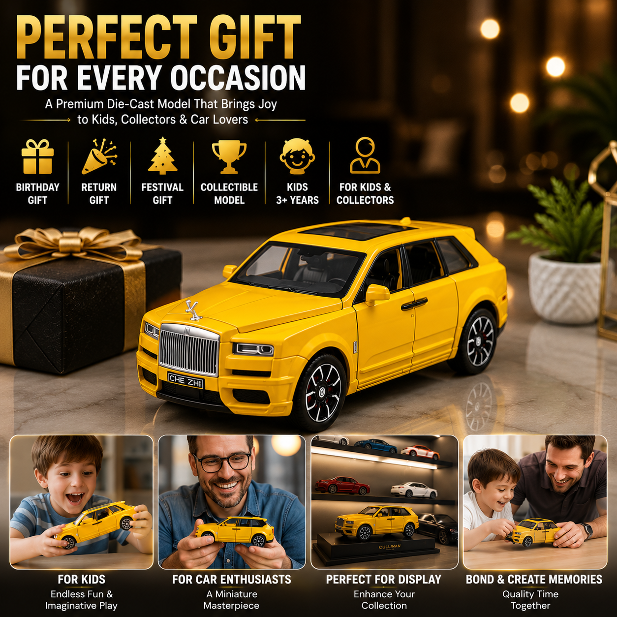 Hello Toys 1:32 Cullinan Die-Cast Toy Car – Pull Back, Lights & Sound, Openable Doors (Yellow)