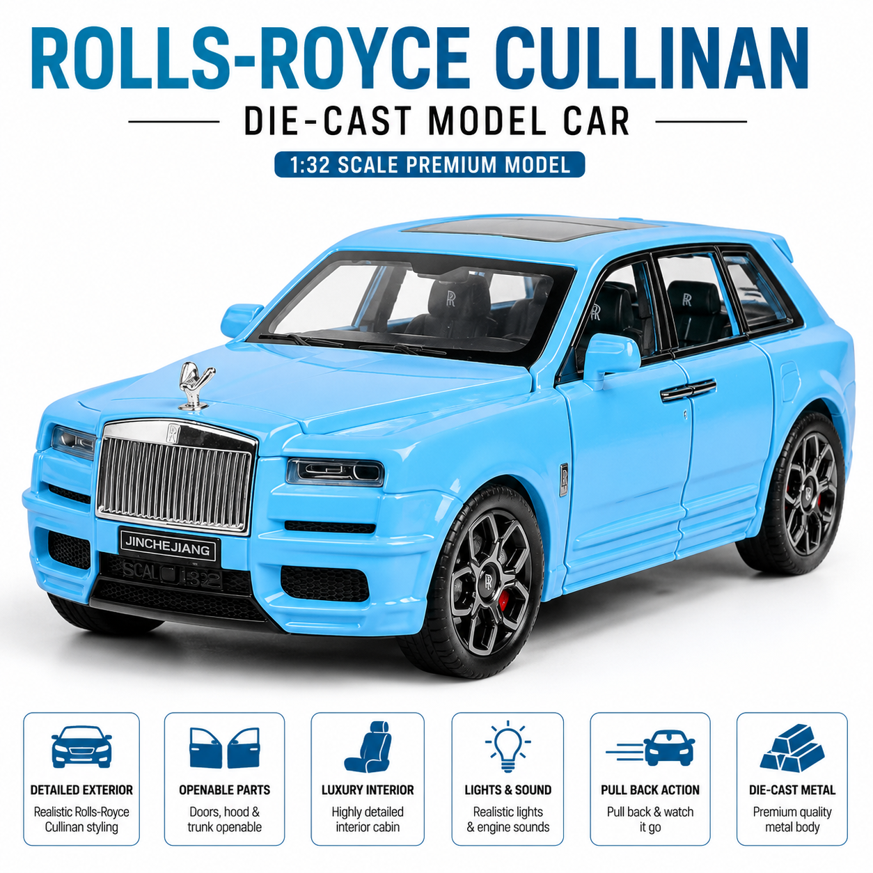 Hello Toys 1:32 Cullinan Die Cast Model Car for Kids, Pull Back Toy Car with Light & Sound, Openable Doors, Hood & Trunk, Metal Collectible SUV, Sky Blue