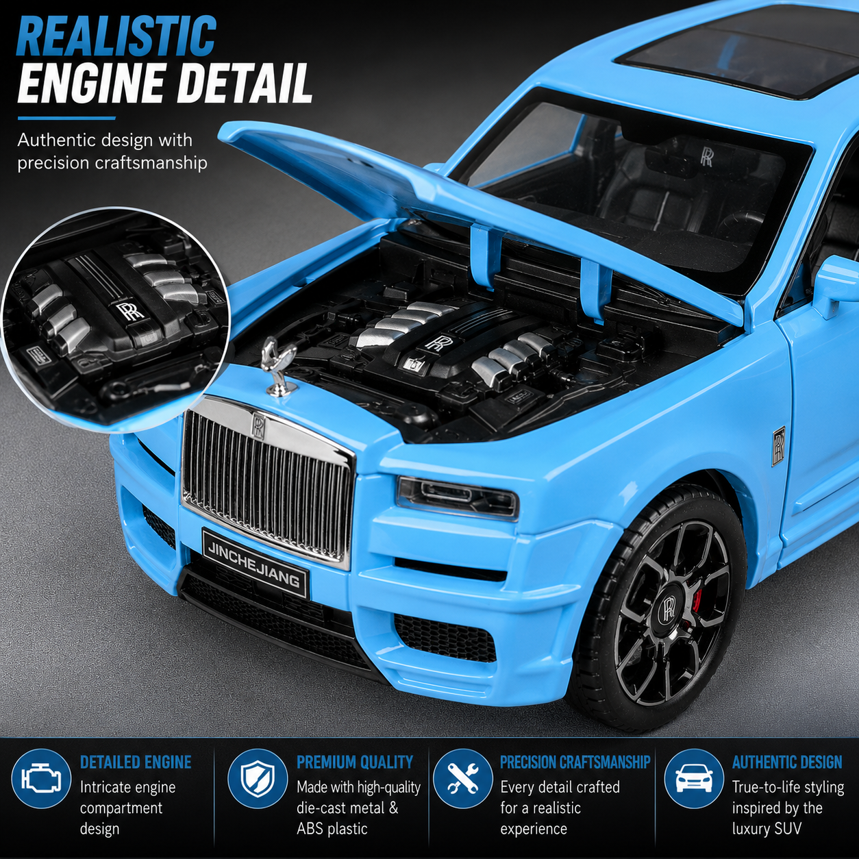 Hello Toys 1:32 Cullinan Die Cast Model Car for Kids, Pull Back Toy Car with Light & Sound, Openable Doors, Hood & Trunk, Metal Collectible SUV, Sky Blue
