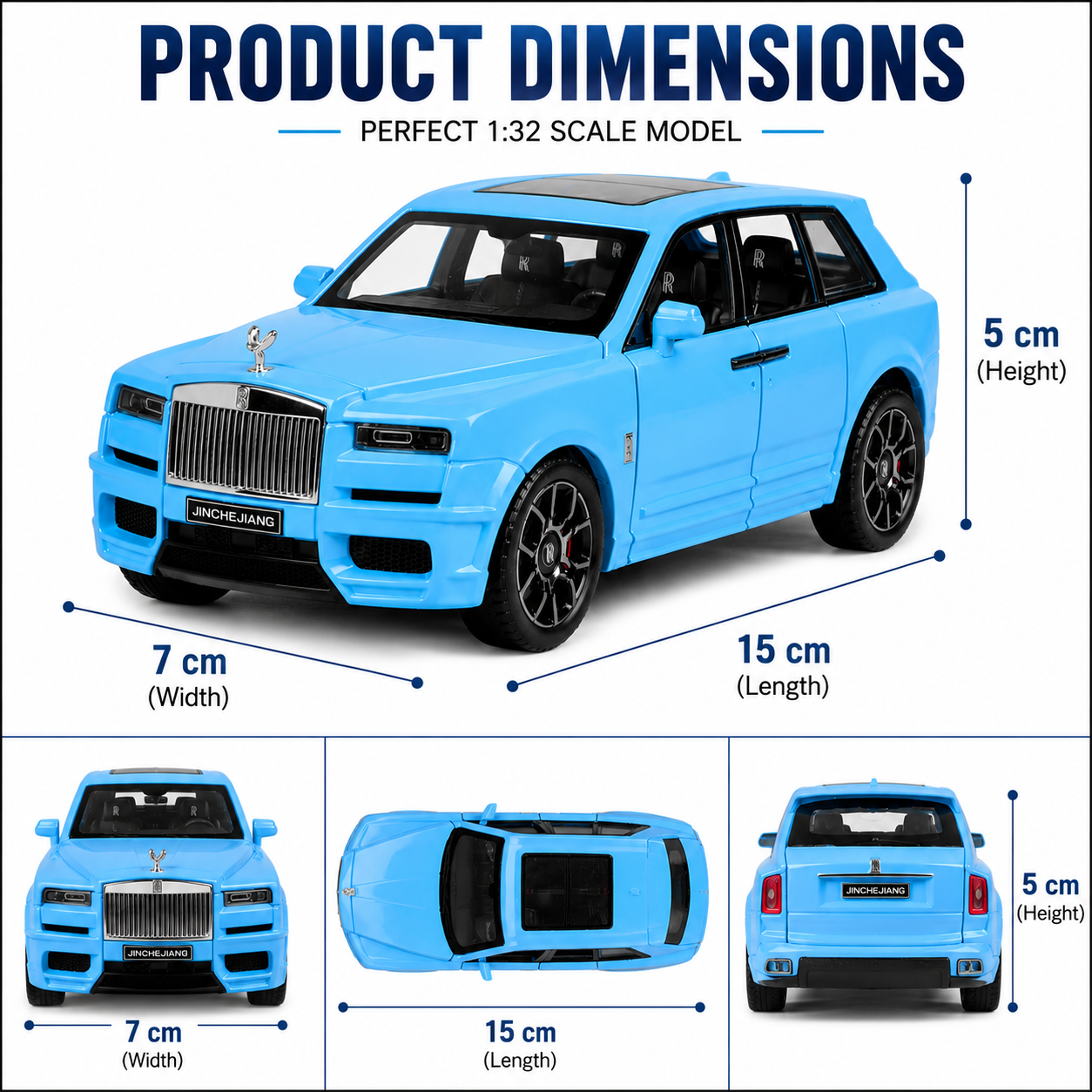 Hello Toys 1:32 Cullinan Die Cast Model Car for Kids, Pull Back Toy Car with Light & Sound, Openable Doors, Hood & Trunk, Metal Collectible SUV, Sky Blue