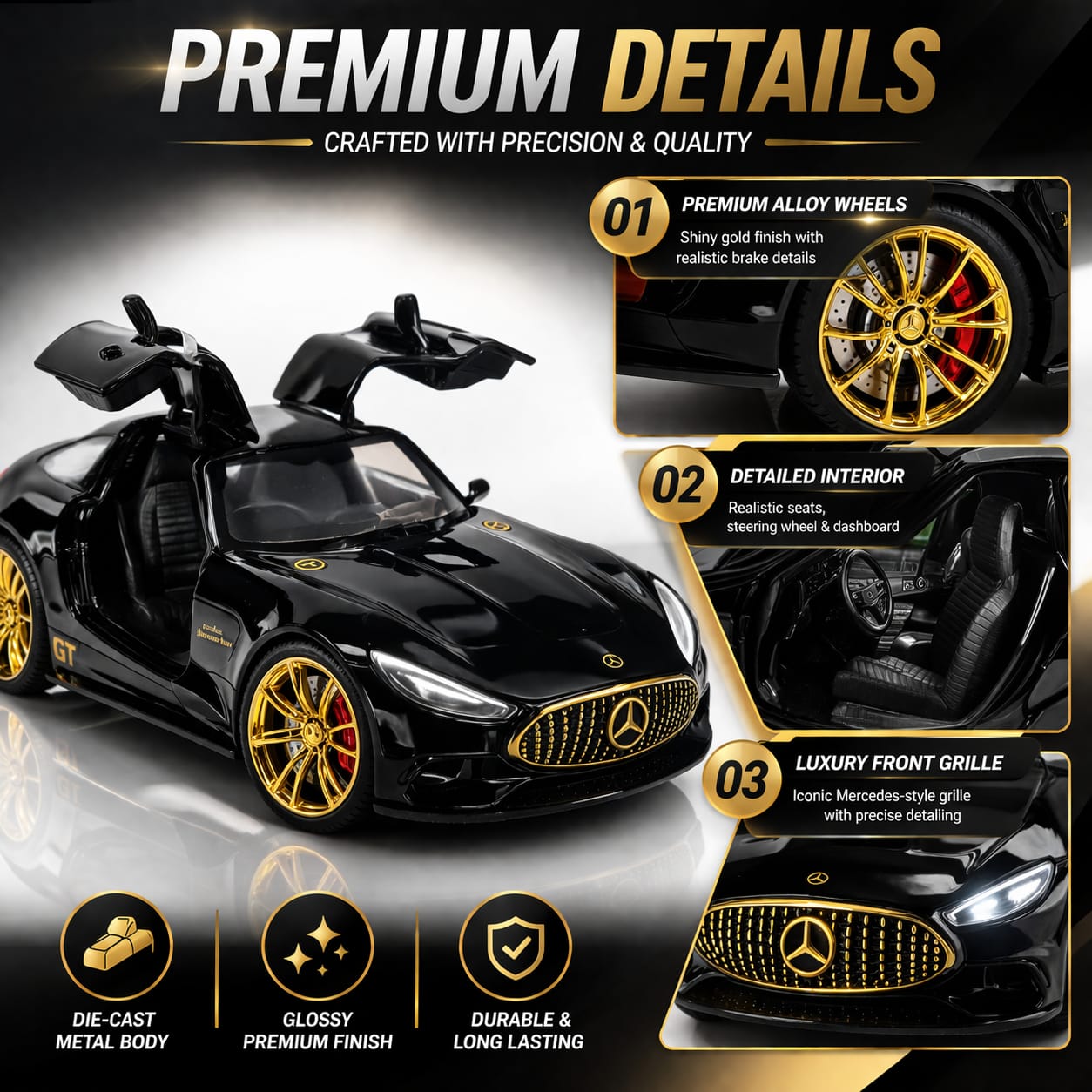 Hello Toys Vision AMG GT Diecast Black Toy Car with Light & Sound